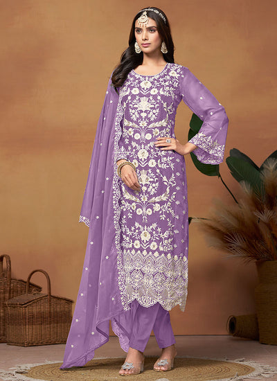 Lavender Thread And Sequence Embroidery Pant Style Salwar Suit