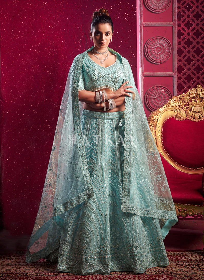 Sky Blue Embroidered Designer Lehenga Choli