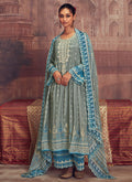 Grey And Blue Thread Embroidery Anarkali Palazzo Suit