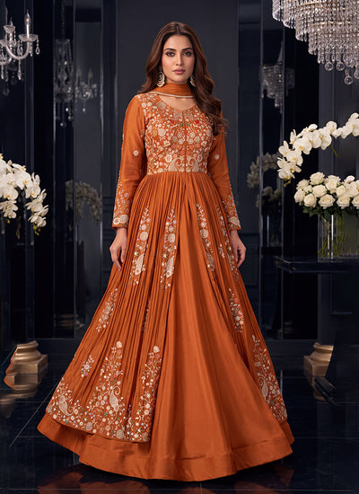 Rust Orange Multicoloured Embroidered Slit Style Anarkali Lehenga