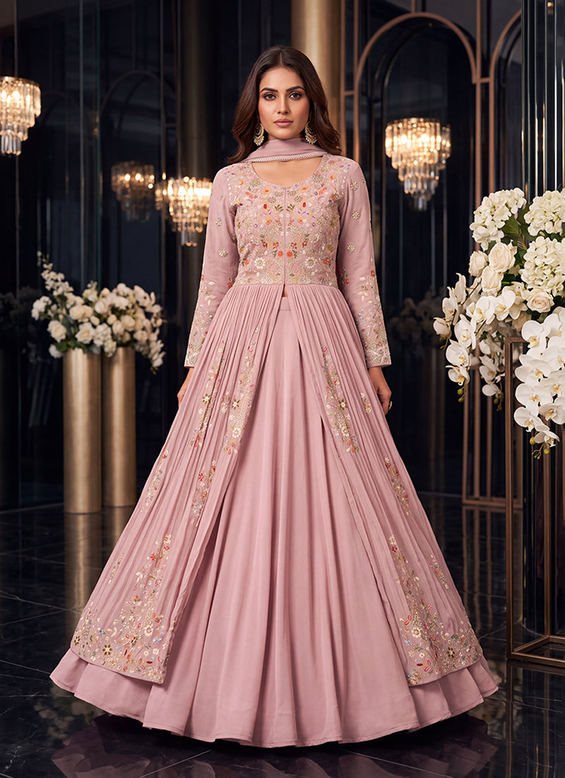 Dusty Pink Multicoloured Embroidered Slit Style Anarkali Lehenga