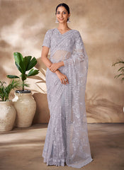Silver Grey Sequence Embroidery Party Wear Saree