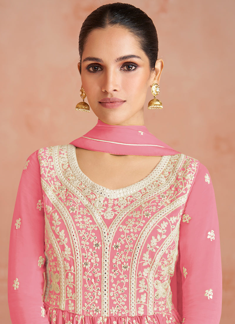 Pink Georgette Thread Embroidered Palazzo Suit In Usa