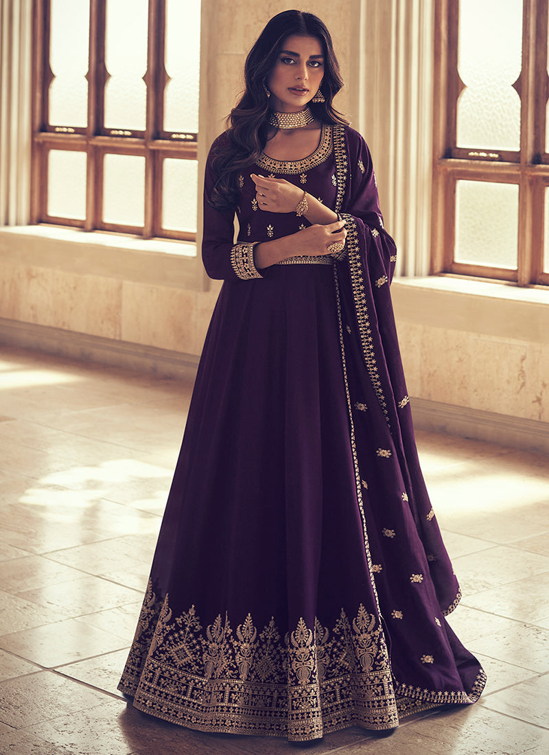 Deep Purple Embroidered Designer Anarkali Suit In USA UK CANADA
