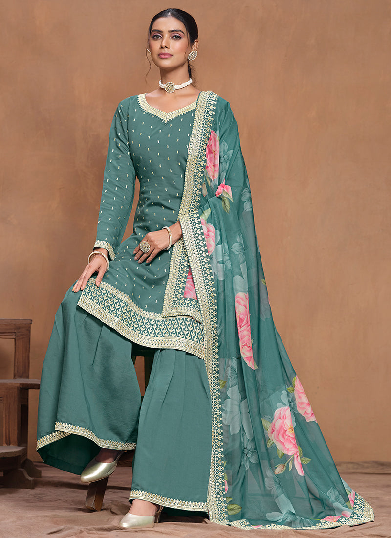 Blueish Grey Crush Shimmer Tissue Heavy Hand Embroidered Garara Suit