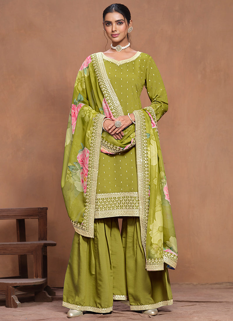 Light Green Embroidered Festive Gharara Style Suit