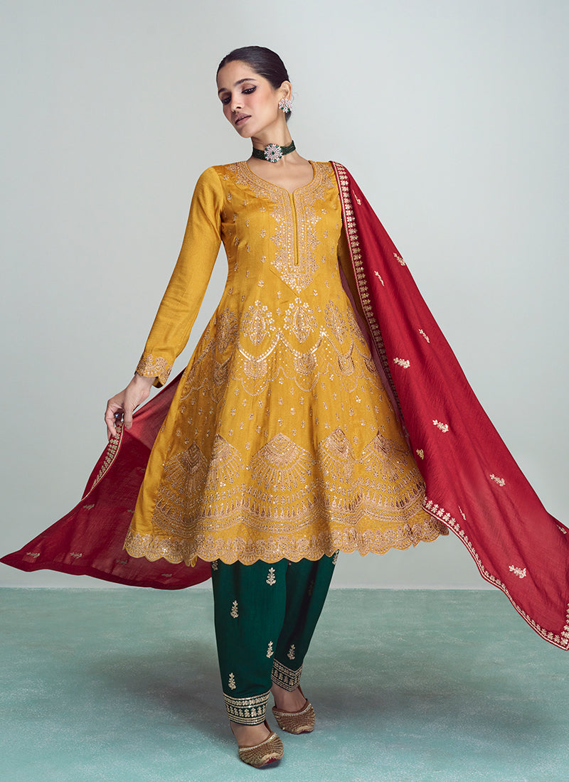 Yellow Golden Sequence Embroidery Anarkali Pant Suit In USA Germany