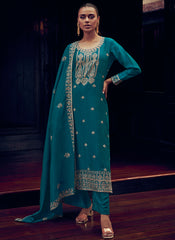 Turquoise Sequence Embroidery Traditional Palazzo Suit