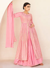 Pink Golden Embroidery Slit Style Anarkali Lehenga