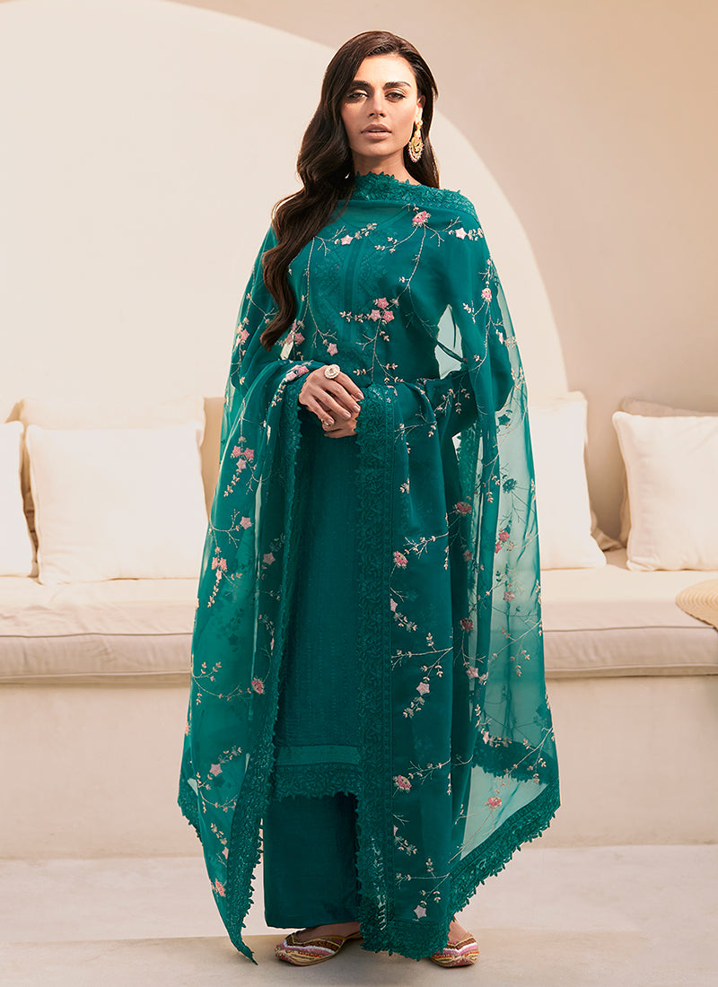 Buy Indian Clothes In Edmonton Green Multi Floral Embroidery Pant Style Suit At Hatkay