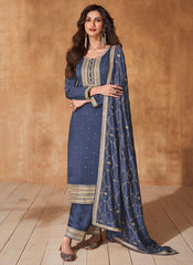 Dark Blue Sequence Embroidery Wedding Pant Style Suit
