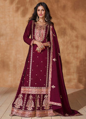 Deep Maroon Multi Embroidery Sharara Suit