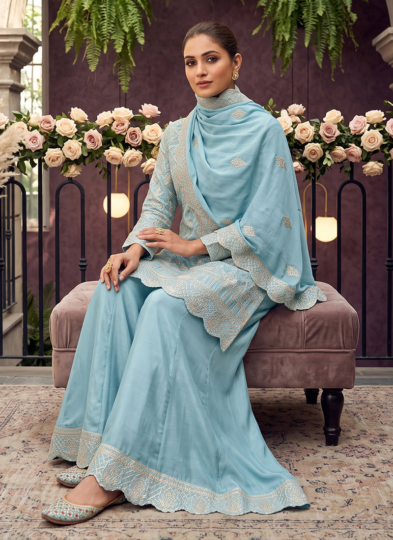 Sky Blue Gota Patti Embroidered Palazzo Suit