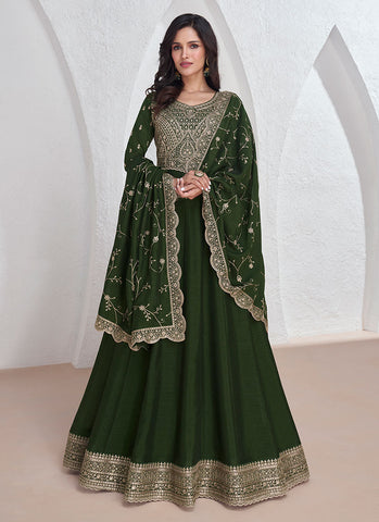 Olive Green Sequence Embroidery Anarkali Gown With Dupatta