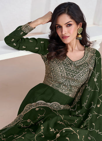 Olive Green Sequence Embroidery Anarkali Gown With Dupatta