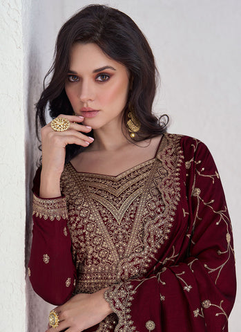 Maroon Sequence Embroidery Anarkali Gown With Dupatta