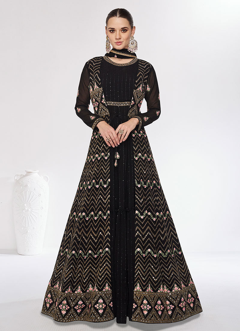 Black Multi Embroidery Jacket Style Festive Anarkali Gown