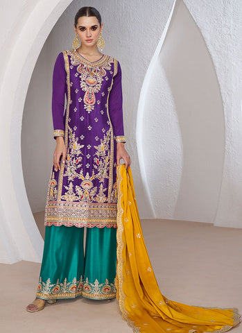 Purple And Green Embroidered Wedding Palazzo Suit