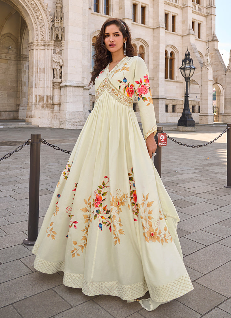Off White Hand Embroidery Designer Anarkali Gown XL Off White Hand Embroidery Designer Anarkali Gown XL