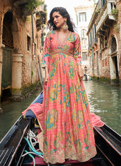 Peach Printed Anarkali Gown