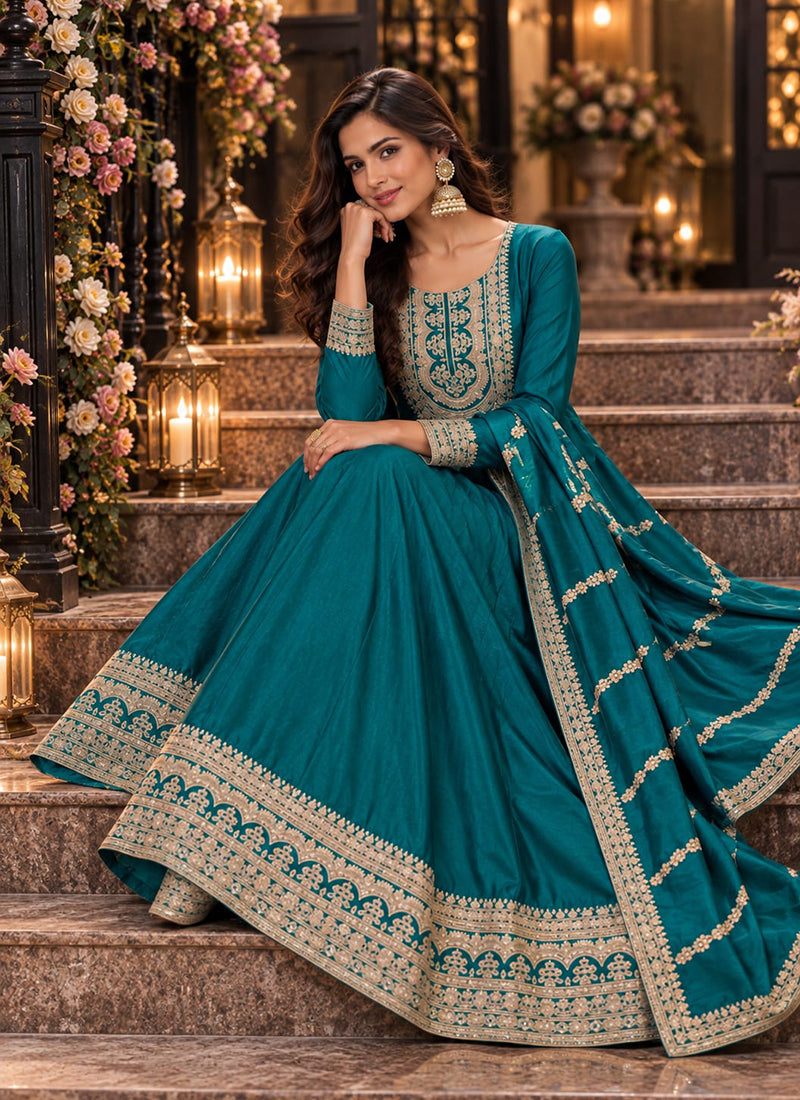 Buy Teal Blue Silk Anarkali Gown In USA