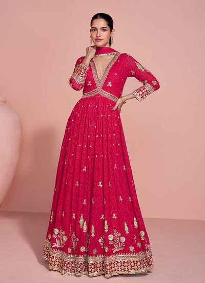 Ruby Red Embroidery Festive Anarkali Gown And Dupatta