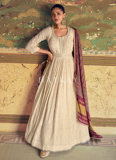 Ivory And Maroon Chikankari Anarkali Dress