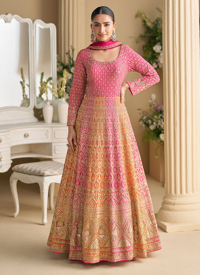Pink and Orange Traditional Anarkali Gown