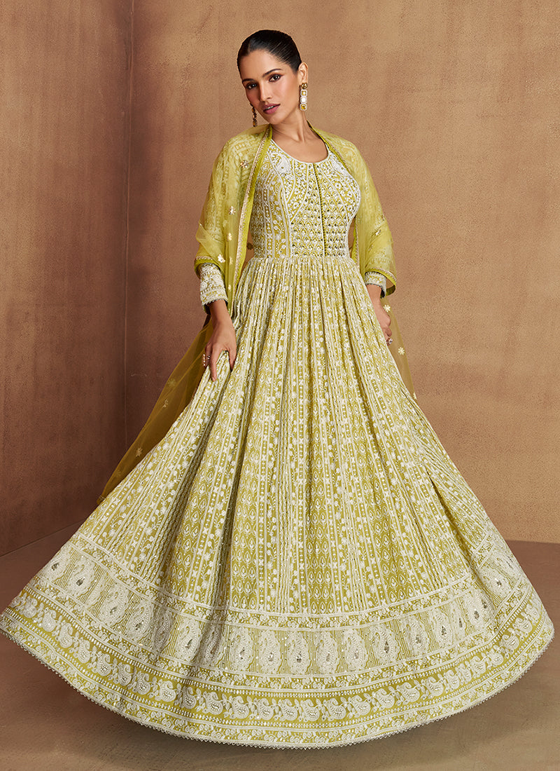 Green Lucknowi Work Anarkali Gown Set
