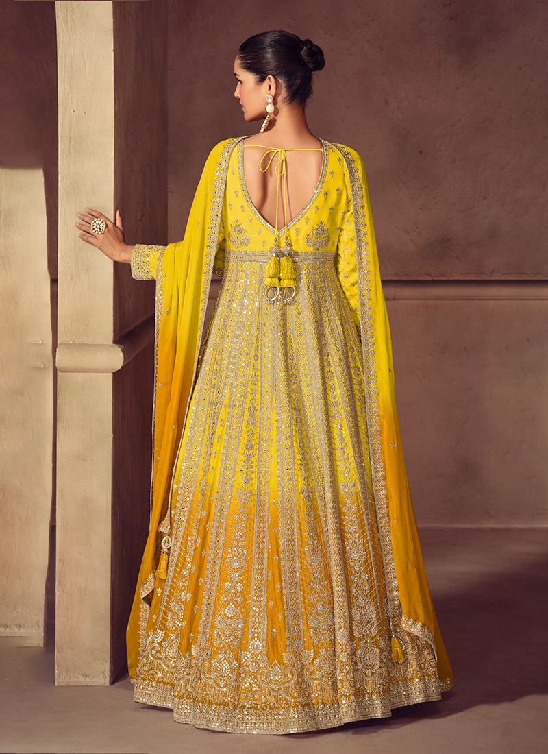 Yellow Ombre Embroidery Wedding Anarkali Gown