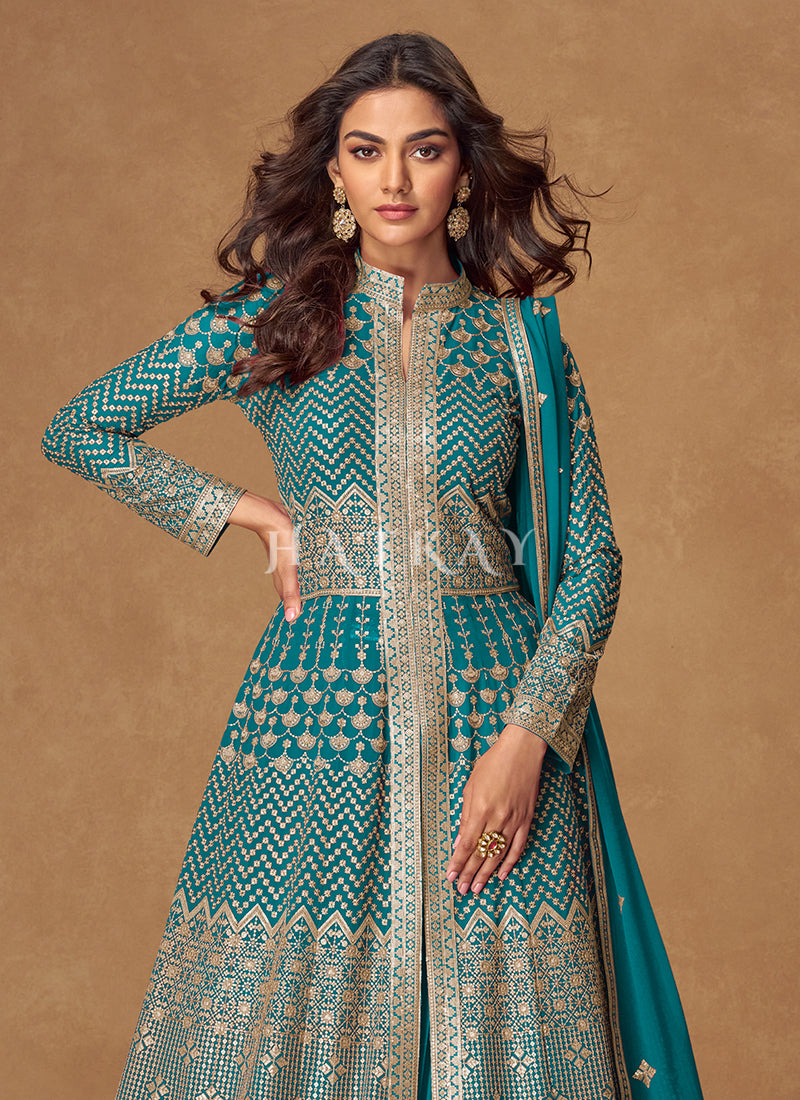 Turquoise Designer Anarkali Lehenga