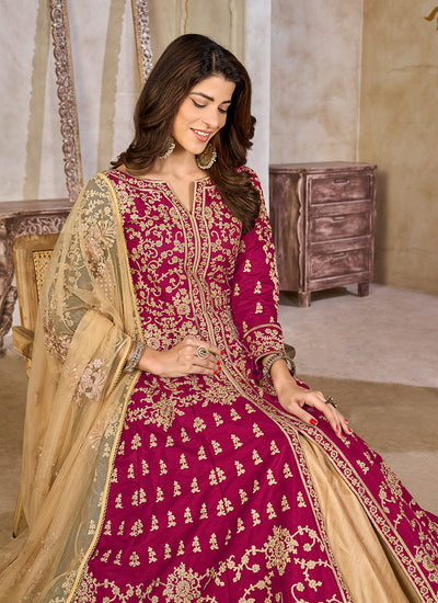Magenta Beige Cording Embroidery Slit-Style Anarkali Lehenga
