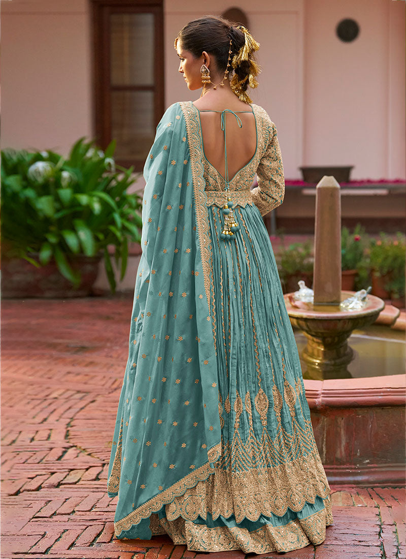Buy Firozi Blue Slit Style Anarkali Lehenga Online In Canada