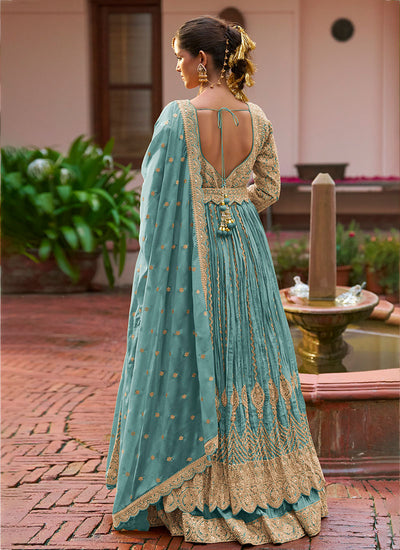Buy Firozi Blue Slit Style Anarkali Lehenga Online In Canada