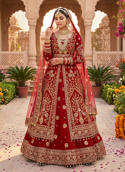 Maroon Velvet Slit Style Anarkali Lehenga Choli