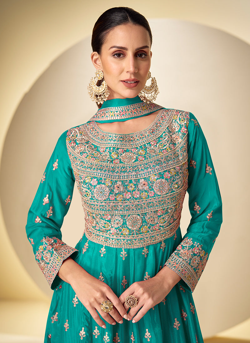 Buy Turquoise Anarkali Pant Suit In Canada