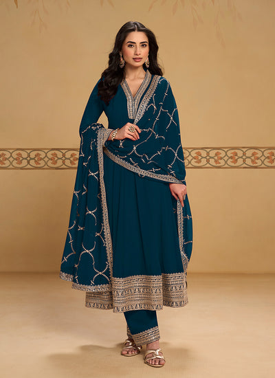 Turquoise Embroidered Anarkali Pant Style Suit
