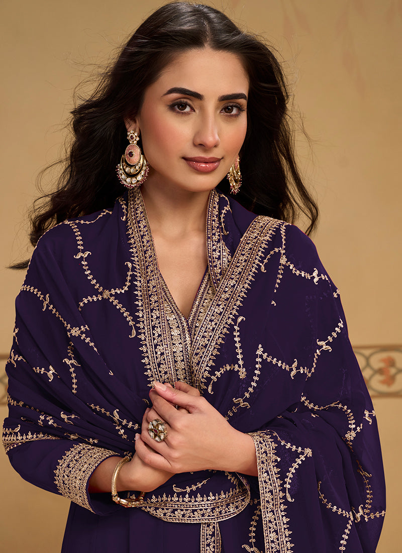 Violet Embroidered Anarkali Pant Style Suit