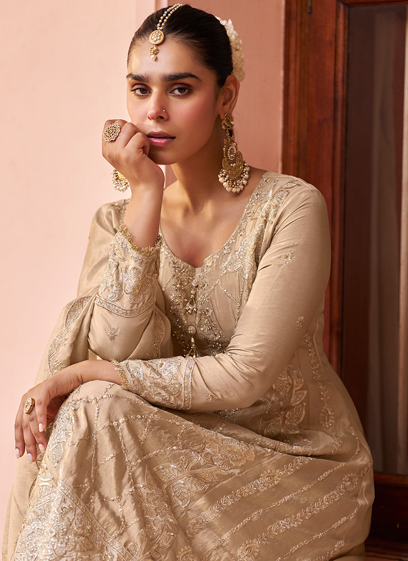 Beige Golden Embroidered Silk Palazzo Suit