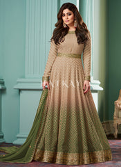 Beige And Olive Ombre Embroidered Anarkali Dress