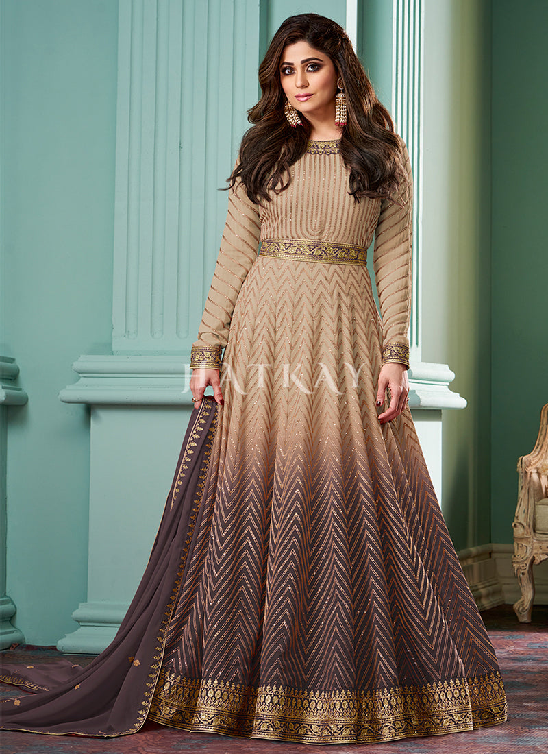 Beige And Brown Ombre Embroidered Anarkali Dress