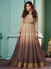 Beige And Brown Ombre Embroidered Anarkali Dress