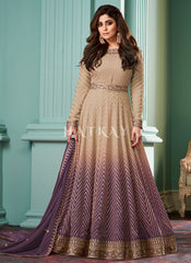 Beige And Purple Ombre Embroidered Anarkali Dress