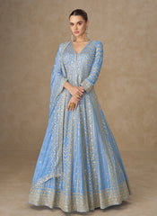 French Blue Festive Wear Anarkali Suit
