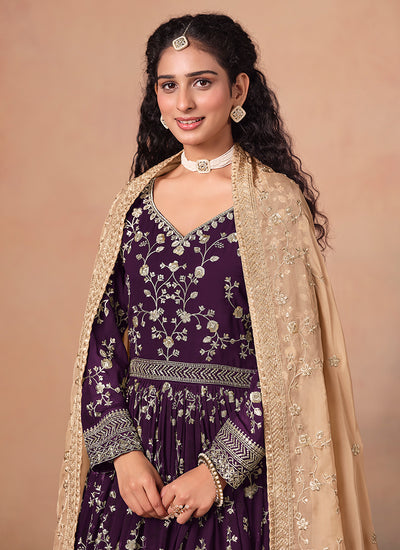 Deep Wine Embroidery Anarkali Suit