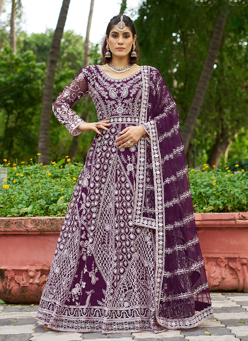Deep Purple Cording Embroidery Wedding Anarkali Suit