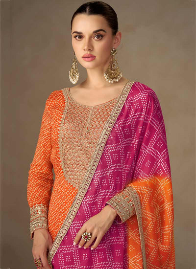 Shop Orange Anarkali With Pink Bandhani Dupatta In USA