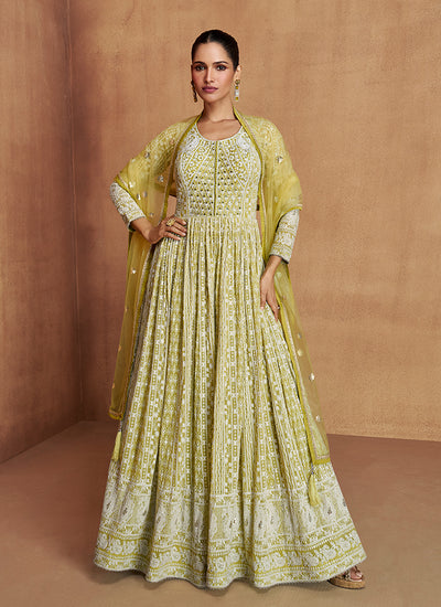 Lime Green Lucknowi Embroidery Anarkali Gown