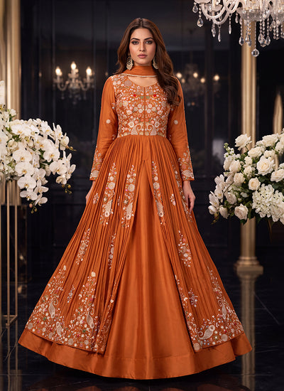 Rust Orange Multicoloured Embroidered Slit Style Anarkali Lehenga