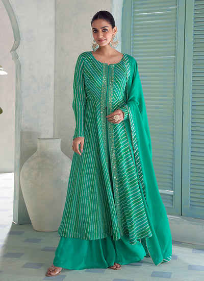 Turquoise Embroidery Slit Style Anarkali Palazzo Suit